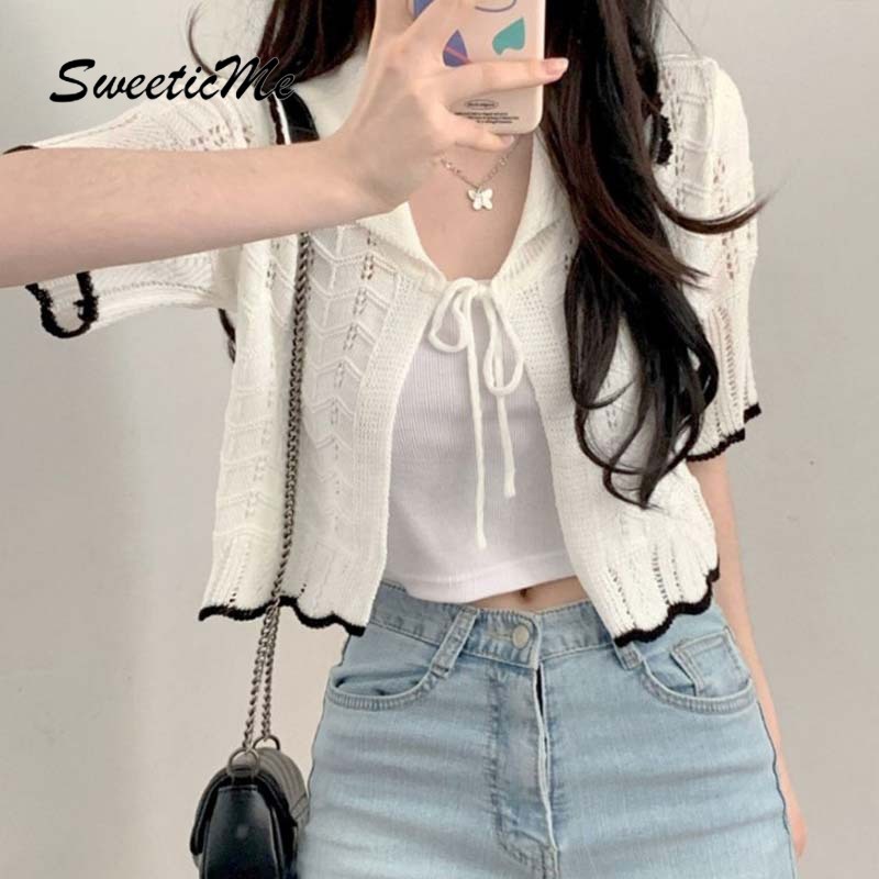 Áo Cardigan Dệt Kim Tay Ngắn Khoét Lỗ Màu Sắc Tương Phản Thời Trang Cho Nữ