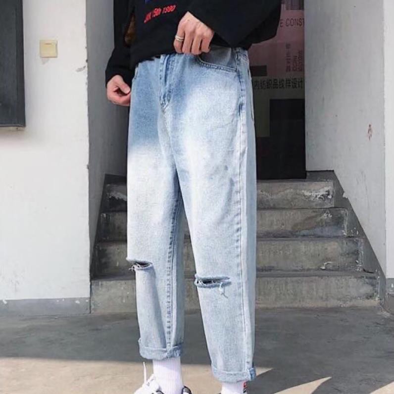 Quan jean baggy nam rách 2 gối dáng suông rộng RG-02 hottren 2021