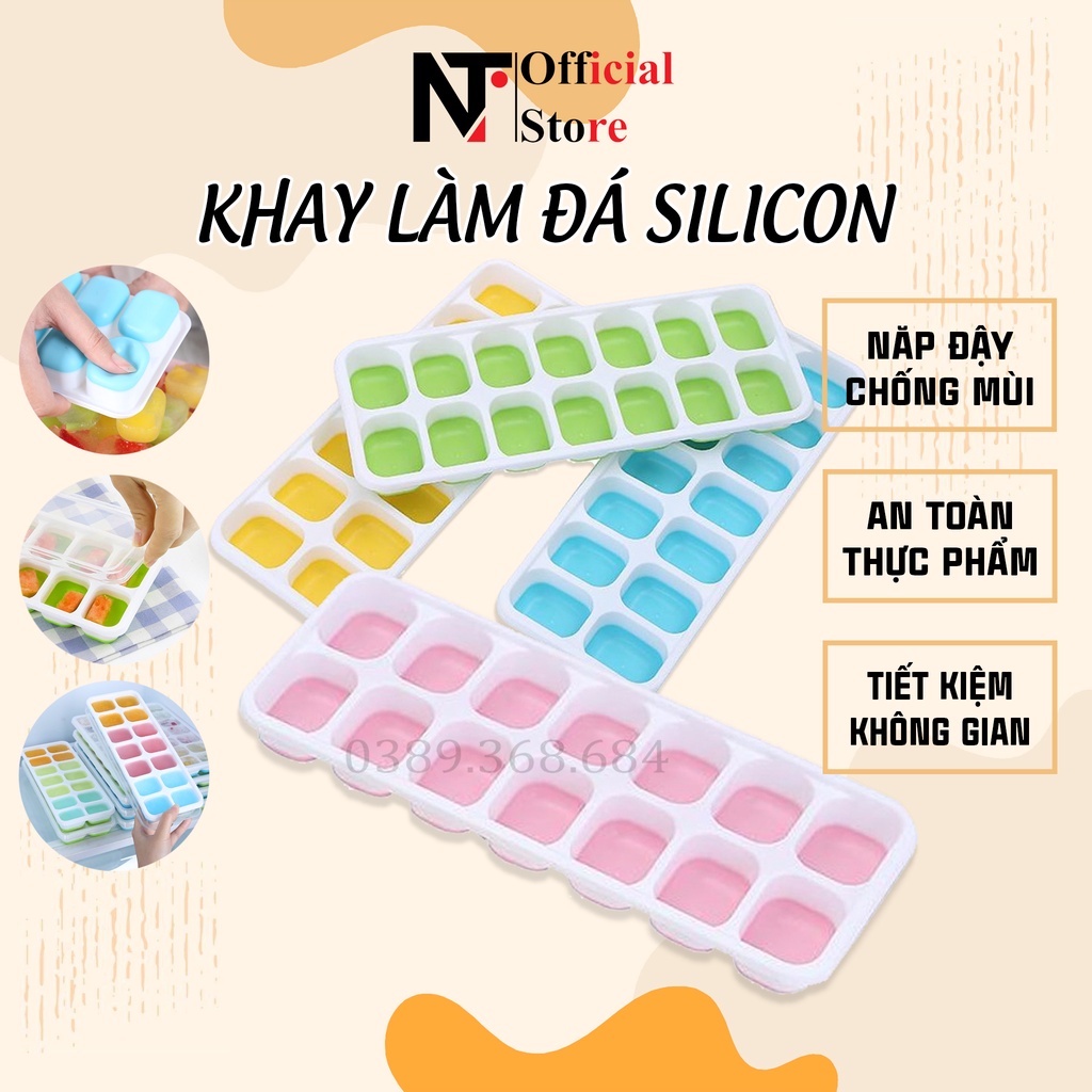 Khay đá silicon có nắp đậy 14 viên, khay làm đá tủ lạnh, làm thạch, bảo quản chống mùi - NT Store