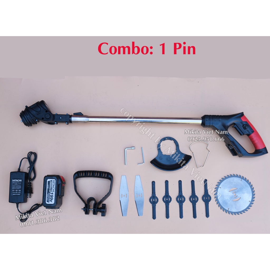 Máy cắt cỏ dùng pin HITACHI 199V Động cơ lõi đồng, pin dung lượng khủng- Tặng Bộ dụng cụ.
