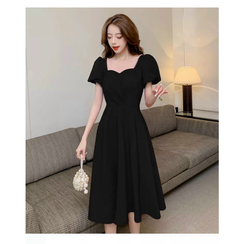 Đầm Đi Tiệc Dáng Suông Dài Tay Phồng, Đầm Tay Lững Xếp Ly Ngực Ba Màu Trắng, Đỏ, Đen Váy Xòe Nữ Dài Qua Gối Sang Chảnh N