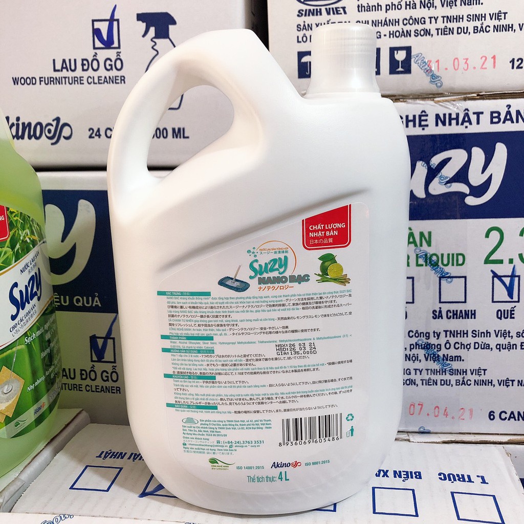 Nước lau sàn nhà sả chanh Suzy 4L thành phần hữu cơ, đuổi muỗi, diệt khuẩn, chất lượng Nhật Bản.