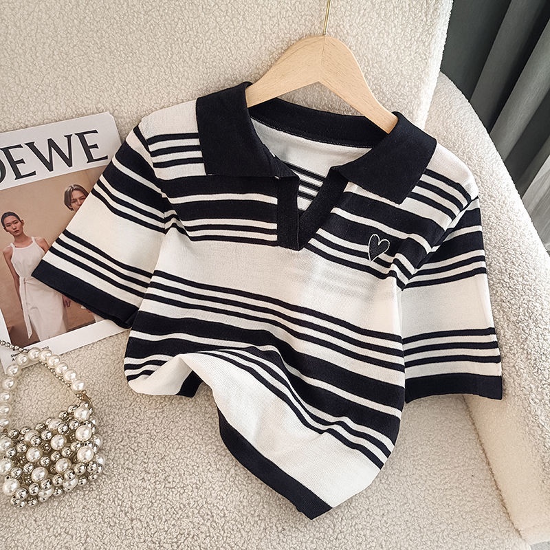 Áo polo Ngắn Tay Vải Mỏng Họa Tiết Kẻ Sọc Thời Trang Mùa Hè Cho Nữ