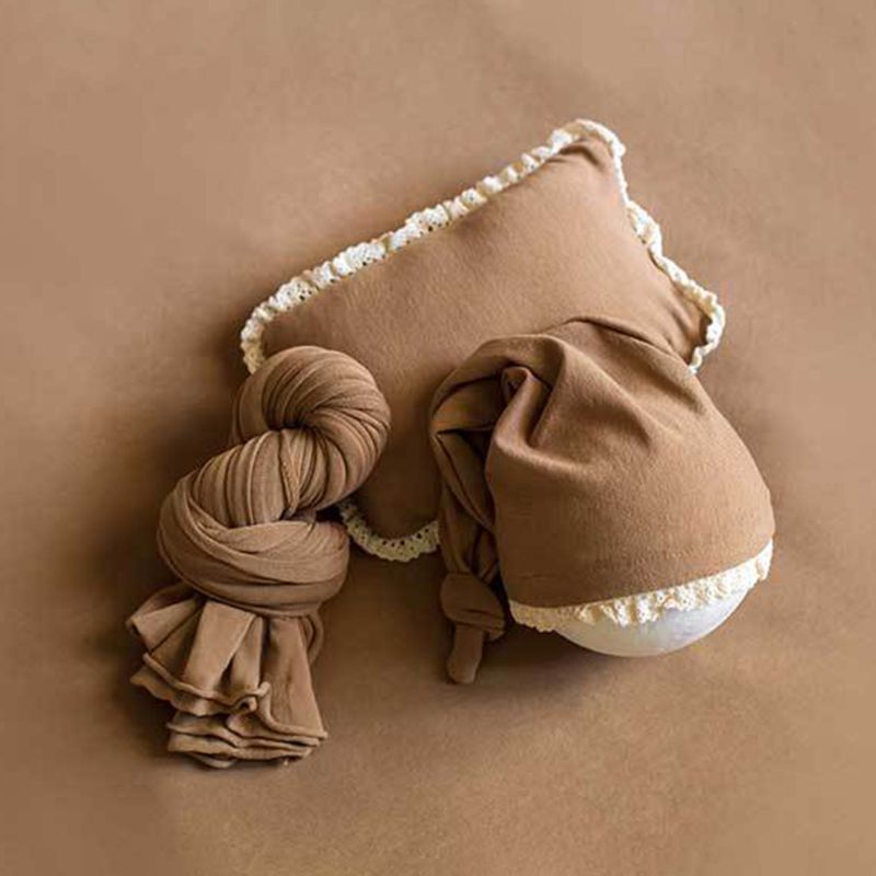 Bộ 3 Món Gồm Khăn Quấn + Mũ Thắt Nút + Gối Cotton Mềm + Gối Dùng Làm Phụ Kiện Chụp Ảnh Cho Bé Sơ Sinh