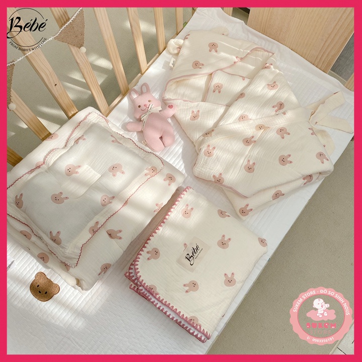 Bé Bé - Set Bộ Chăn, Gối Đầu, Gối Chặn Họa Tiết Mặt Thỏ Hồng Mới Cho Bé