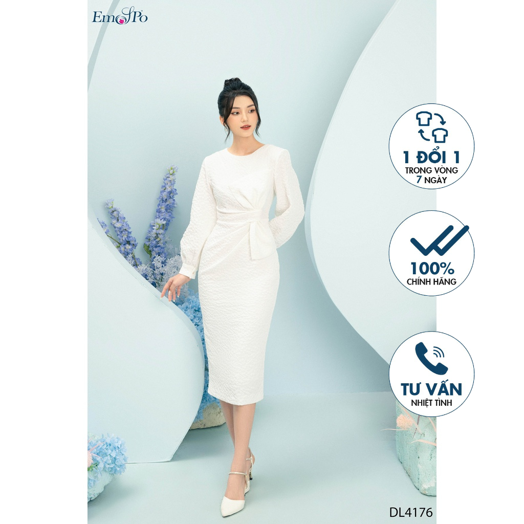 Đầm sốp sần cổ tròn, eo nhún nơ Emspo DL4176