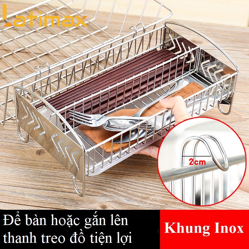 Khay đựng Đũa muỗng thìa dĩa 2 Ngăn Latimax Inox 304 đặt bàn có Móc Treo và Khay hứng nước tiện lợi