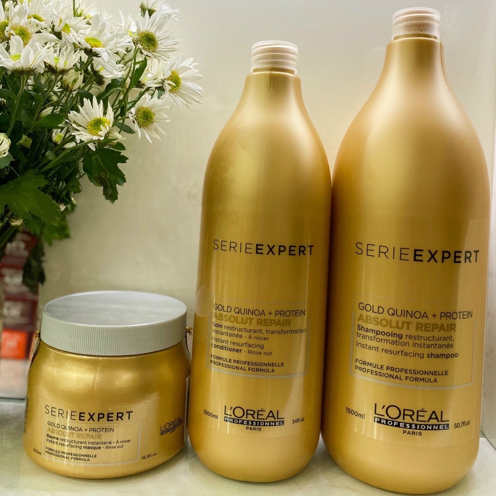 Combo gội xả và hấp dầu phục hồi tóc khô xơ, hư tổn L'oreal Gold Quinoa + Protein Absolut Repair Golden 1500ml