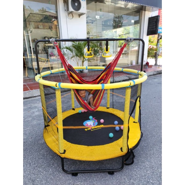 Nhà nhún nhảy, nhà bóng cho bé Trampoline Hopkids, bạt nhún quây bóng có xà đơn vận động tăng chiều cao tải trọng 250kg