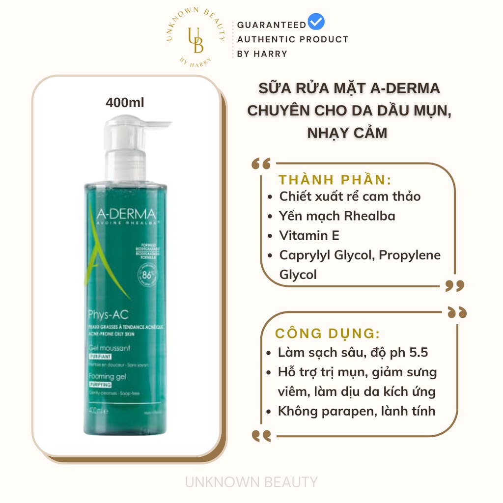 Gel Rửa Mặt Cho Da Mụn, Nhạy Cảm A-Derma Gel Moussant Purifiant Phys-Ac 400ml | Unknown Beauty