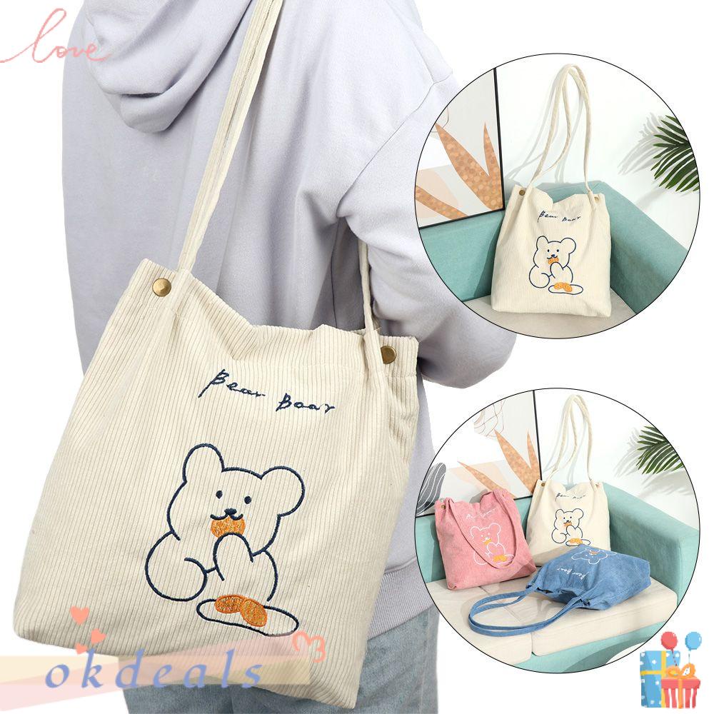 Túi Tote Đeo Vai/ Xách Tay Bằng Vải Nhung Kẻ Thêu Hình Chú Gấu Dễ Thương Nhiều Màu Sắc Tùy Chọn
