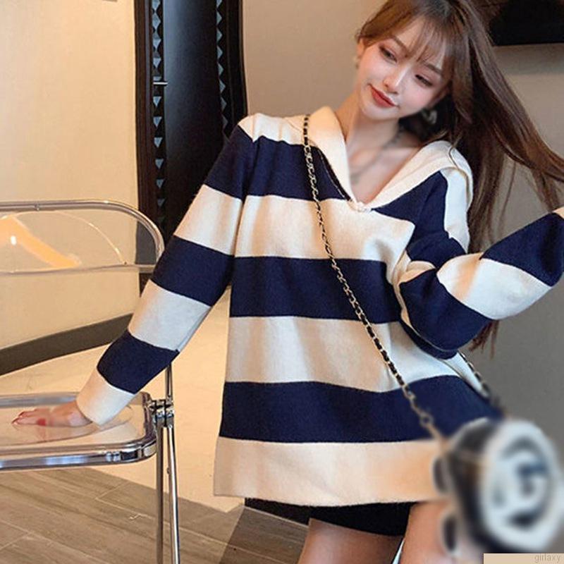 Áo dệt kim nữ tay dài cổ chữ V họa tiết sọc ngang thời trang