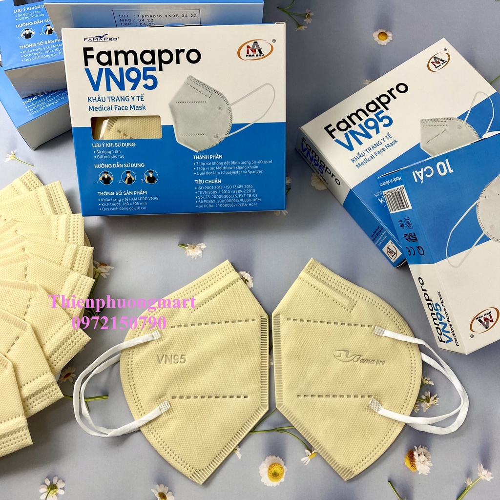 Khẩu trang VN95 FAMAPRO Nam Anh 10 cái/ hộp kháng khuẩn 8 màu Trắng / Xám / Đen / Xanh / Rêu / Hồng / Vàng Nhạt