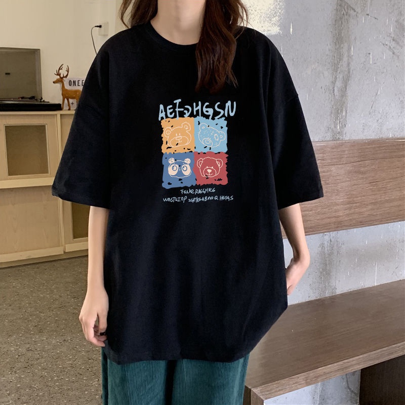 Áo Thun Cotton Ngắn Tay Dáng Rộng Màu Đen Thời Trang Mùa Hè Cho Nữ