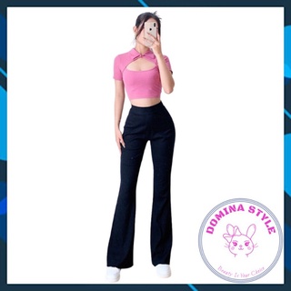 Quần ống loe lưng cao chất thun cotton gân co giãn 4c