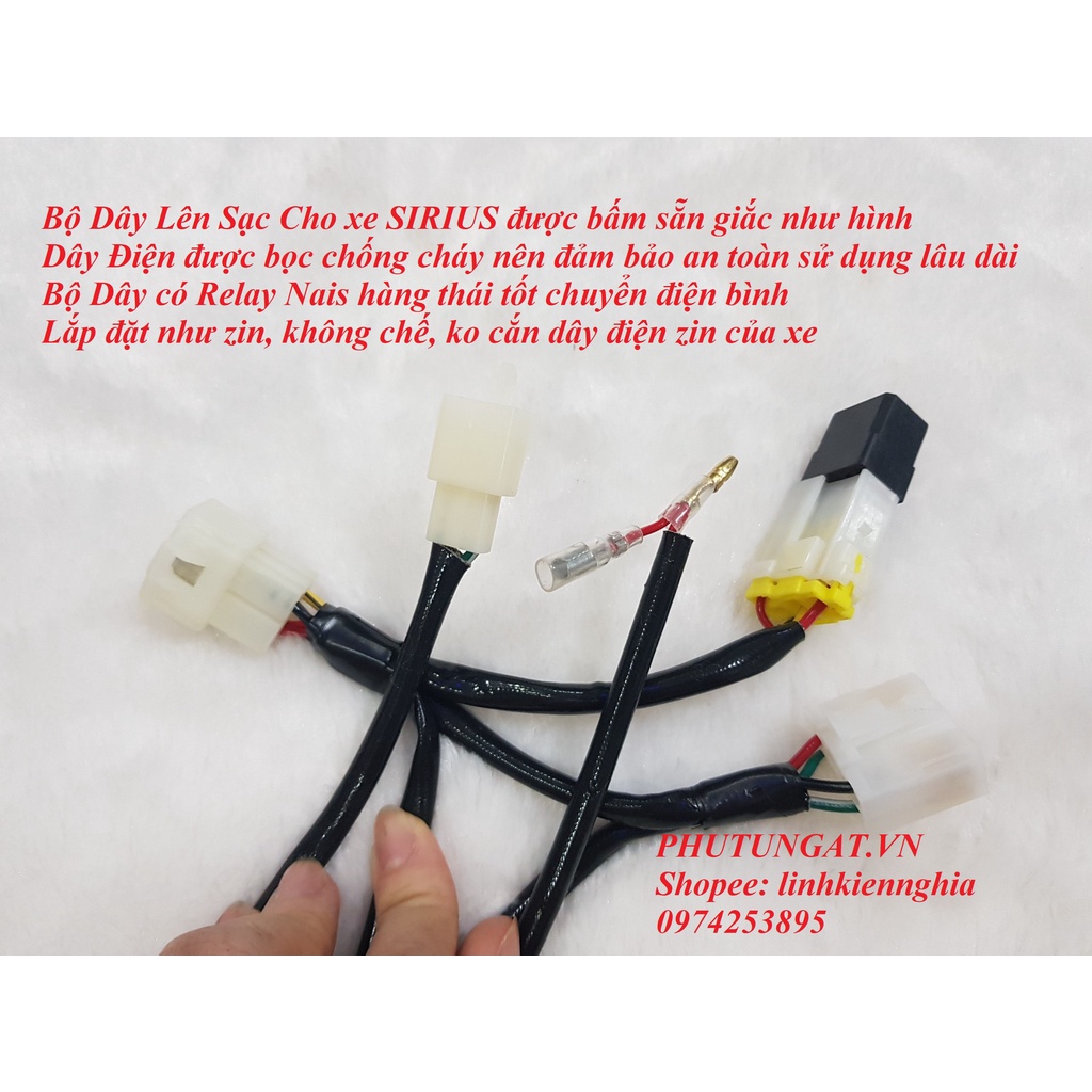 Dây Lên Sạc 150 Sạc HCE cho Xe SIRIUS kèm relay Nais chuyển điện bình cắm giắc như zin theo xe