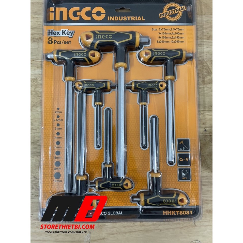 Bộ 8 chìa lục giác tay cầm chữ T đầu bằng2-10mm INGCO HHKT8081