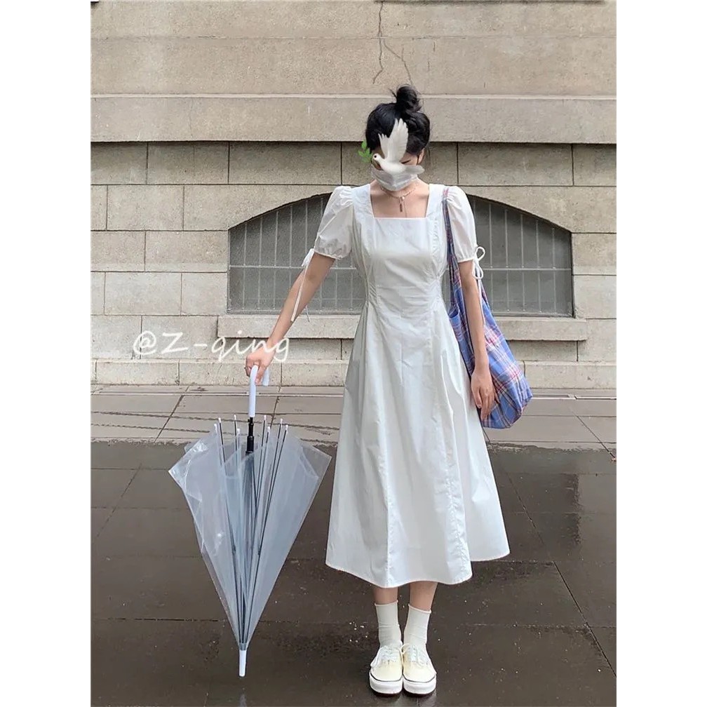 Đầm Trắng Cổ Vuông Thắt Nơ Thời Trang Cho Nữ