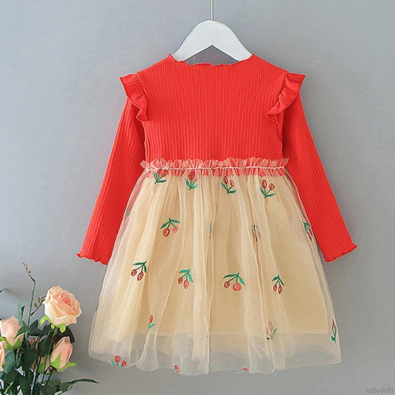 Đầm dài tay phối lưới họa tiết trái cherry cho bé