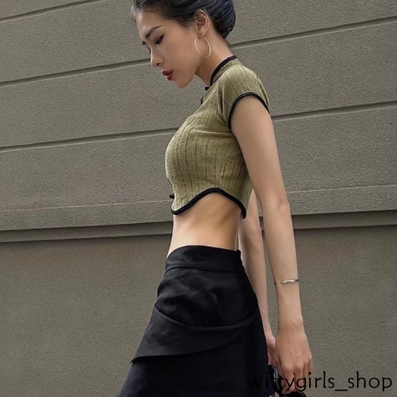 Wittygirls-áo Thun Crop Top Tay Ngắn Cổ Đứng Ôm Dáng Thiết Kế Rỗng Cài Khóa Phong Cách Trung Hoa