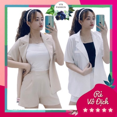 Sét đồ bộ công sở áo blaze trắng và be +mix quần sooc siêu xinh -VTX FASHION