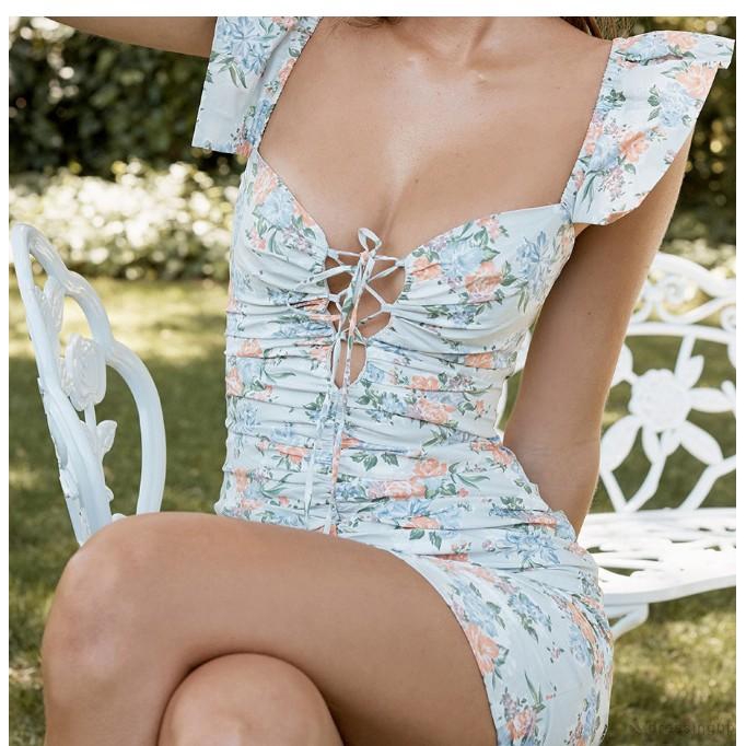 Đầm vai dây cổ chữ V in hoa quyến rũ cho nữ