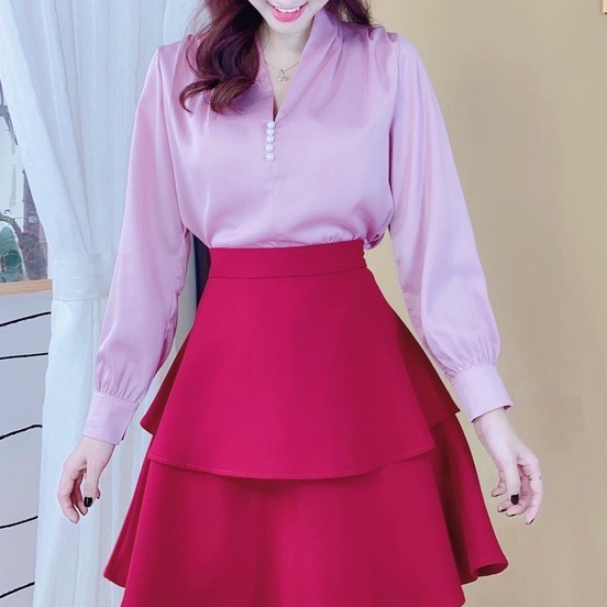 Áo sơ mi lụa satin nữ đính 5 nút ngọc tay dài CHUU A6670