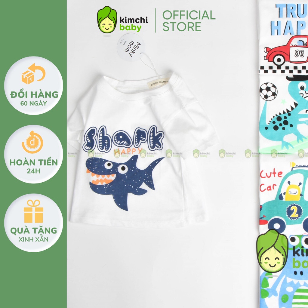 Áo Thun Bé Trai Minky Mom Vải Cotton 100% Trắng Basic Họa Tiết Khủng Long Ô Tô, Áo Thun Trẻ Em Cho Bé Cộc Tay MKMA2110