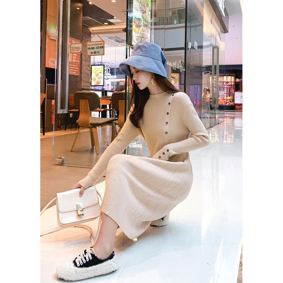 Váy Đầm Len Dáng Xèo Đính Nút Xinh Xắn, Kiểu Đầm Len Nữ Đẹp Cách Điệu- THỜI TRANG LEN THU ĐÔNG NỮ  DL2061