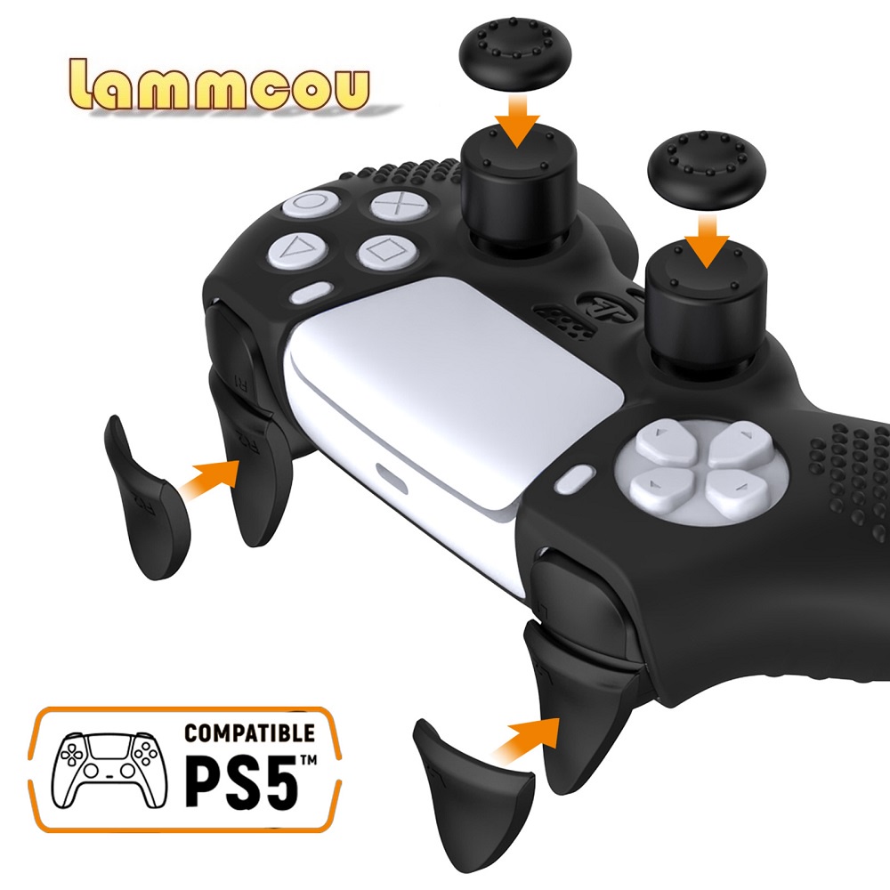 Bộ phụ kiện vỏ bảo vệ LAMMCOU bằng silicon chống trượt với 4 nút ngón tay + 4 bộ mở rộng thích hợp cho PS5 DualSense