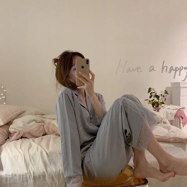Bộ đồ ngủ mặc tại nhà tay dài vải lụa băng phối ren màu trơn thời trang xuân thu sang trọng dành cho nữ