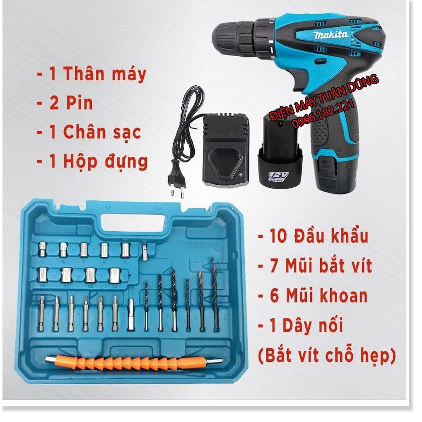 Máy khoan pin makita 12V – KHOAN – BẮT VÍT – VẶN ỐC tặng kèm hộp 24 chi tiết