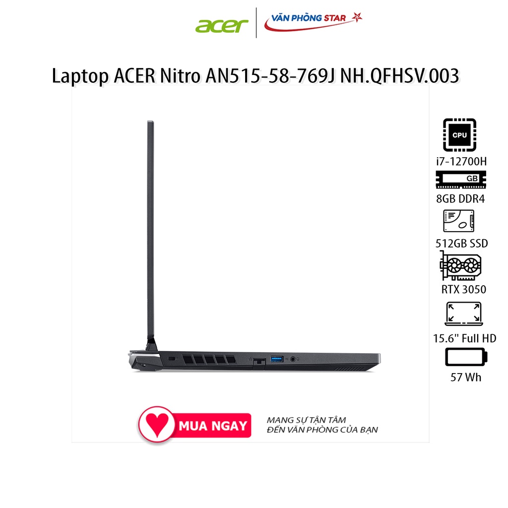 Laptop ACER Nitro AN515-58-769J NH.QFHSV.003 (15.6&quot; Full HD/ 144Hz/Intel Core i7-12700H/8GB/512GB SSD/NVIDIA RTX 3050