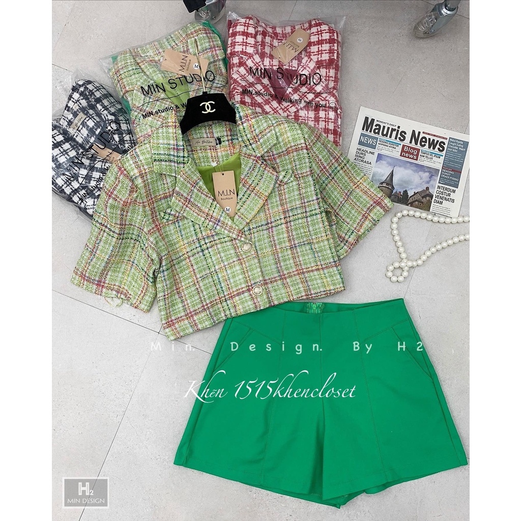 Set dạ kẻ tay ngắn quần short đùi