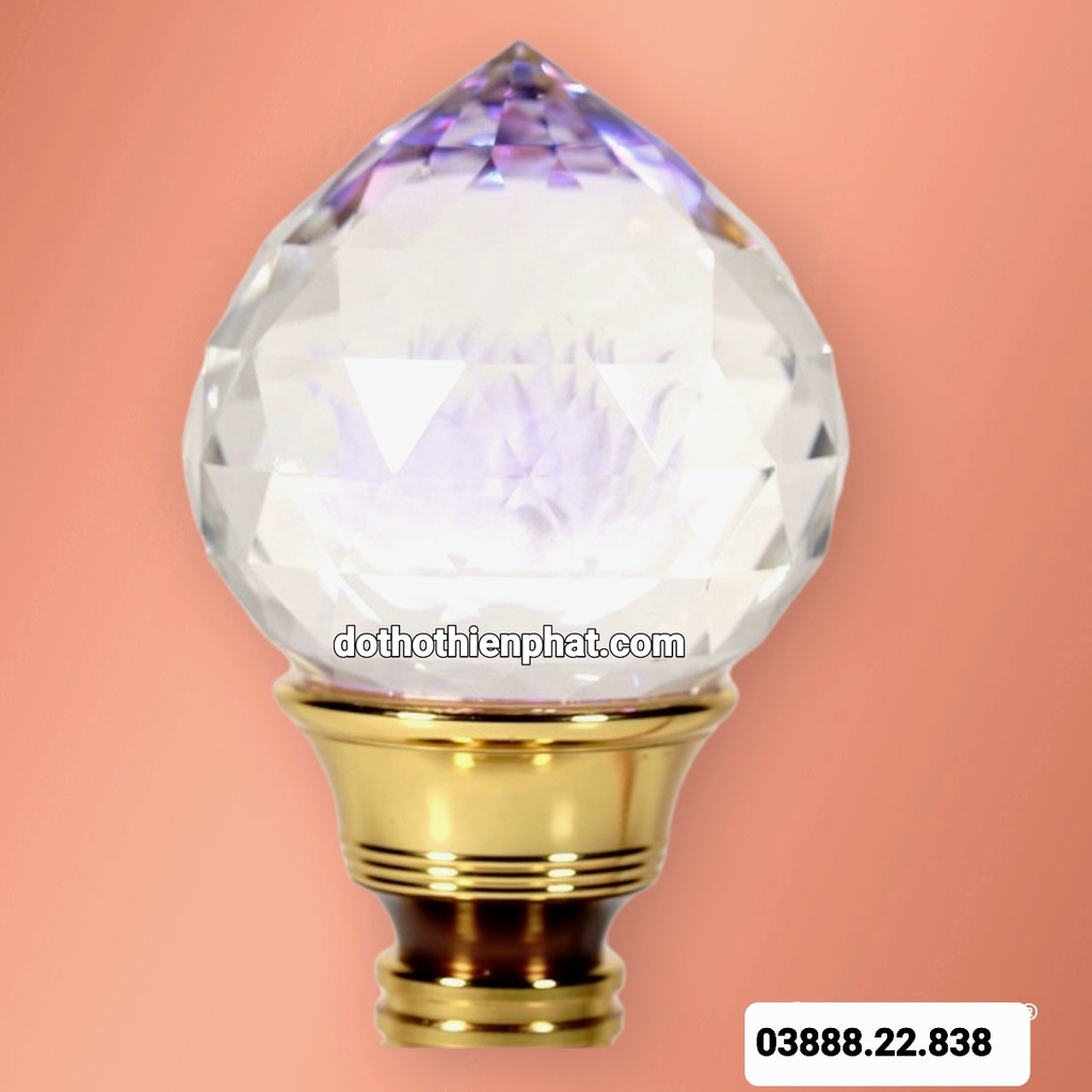 Đèn thờ led pha lê bông sen búp đào nguyên khối đế đồng đổi màu cao cấp 8in cao 20cm