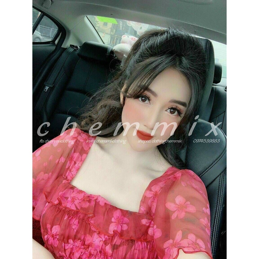 Đầm cổ vuông tay phồng hoa đỏ ChemMix thiết kế siêu xinh cho nàng dự tiệc, dạ hội, dạo phố
