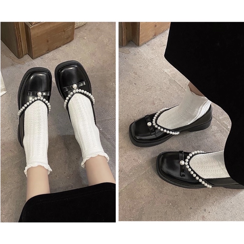 Giày búp bê nữ đính ngọc mũi vuông, giày nữ tiểu thư lolita xinh xắn đế cao 3P
