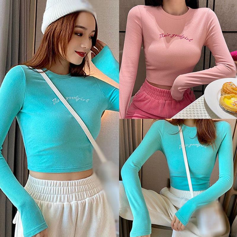 Áo Thun Lửng Tay Dài Cổ Tròn In Chữ Cá Tính Cho Nữ