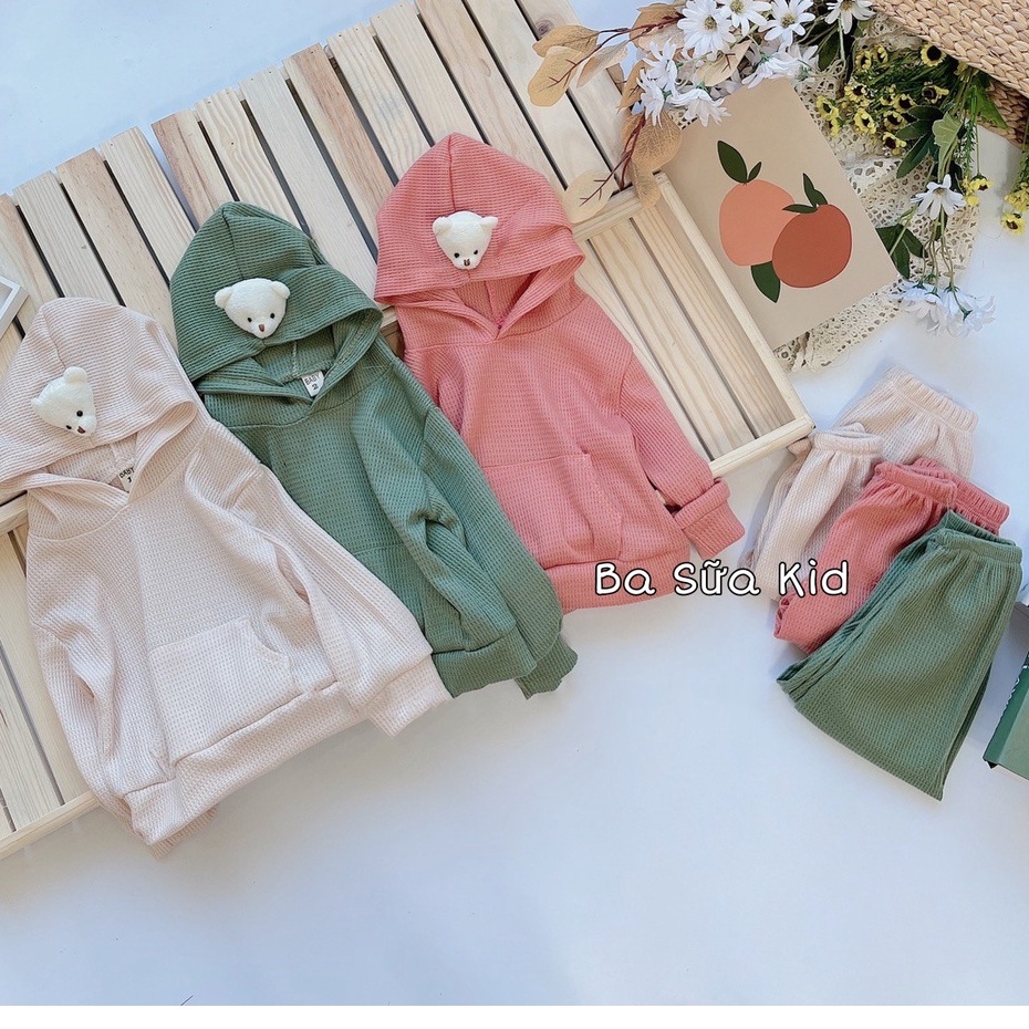 Bộ đồ thu đông chất liệu xốp tổ ong thiết kế gấu thật gắn mũ cho bé từ 9 tháng đến 5 tuổi phong cách Hàn Quốc
