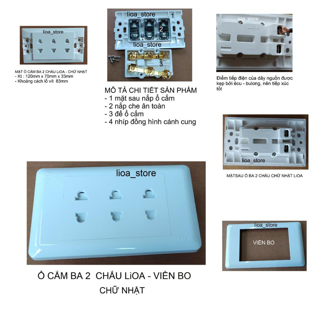 Ổ CẮM ( ĐƠN, ĐÔI, BA) 2 CHẤU CHỮ NHẬT LiOA ( VIỀN BO).