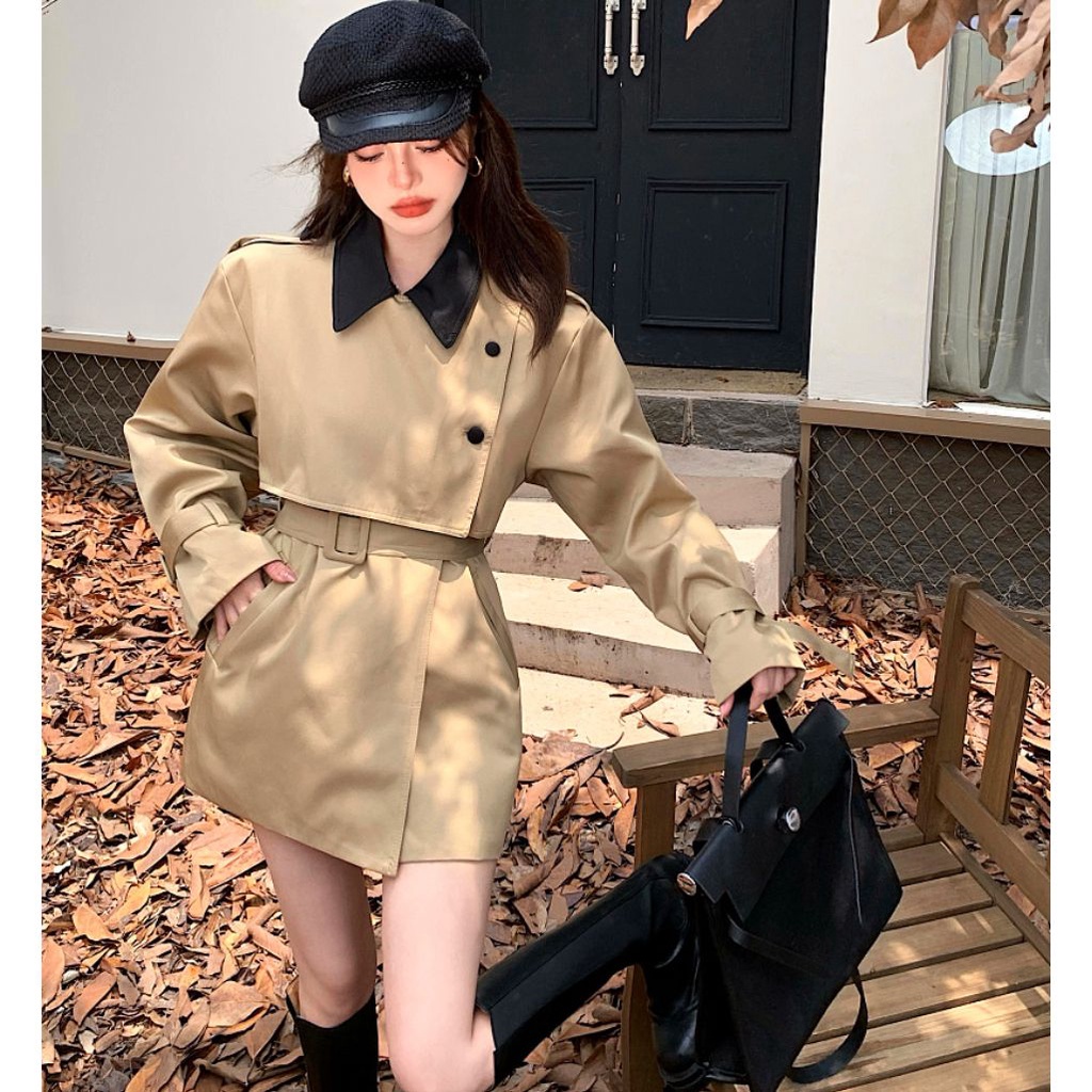 Áo khoác mangto dáng ngắn, áo măng tô nữ màu nâu dáng ngắn hàng order cao cấp Taobao nhà Oanhdilys