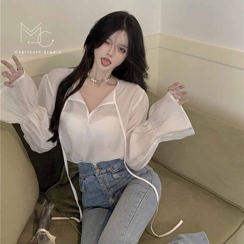 Set áo sơ mi bay và áo gile da màu nâu cá tính phong cách Ulzzang