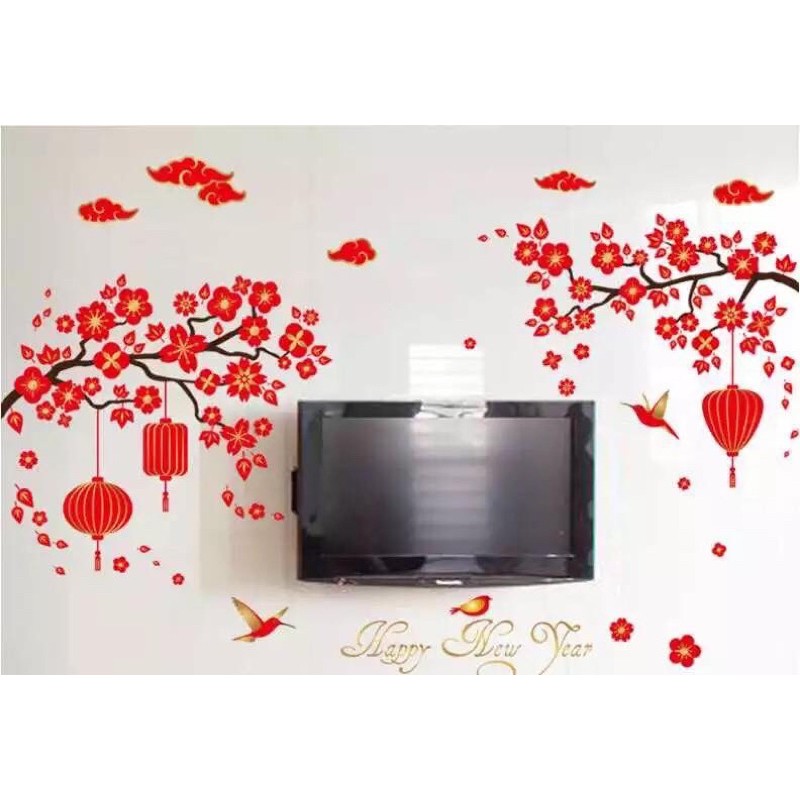 Decal dán tường hoa đào trang trí tết mã 08 - Tranh dán tết hoa đào đỏ có keo sẵn