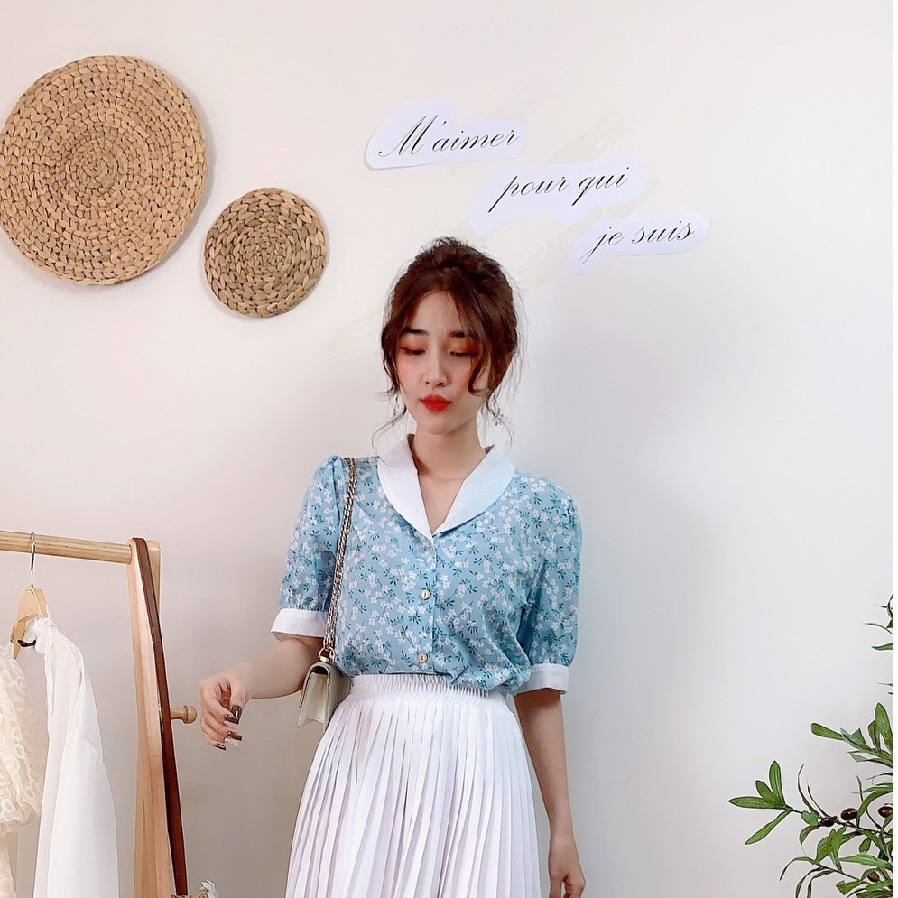 Áo sơ mi hoa MIMIX tay ngắn phồng phối cổ V trắng dạo phố AN2115