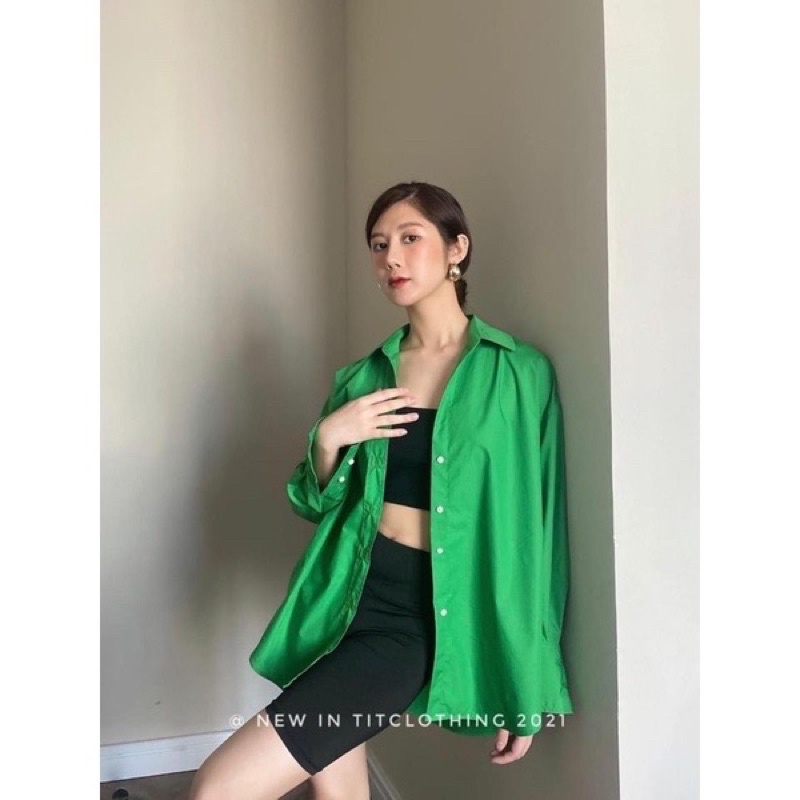[AN MỘC] Áo sơ mi màu xanh lá from rộng cá tính cho nữ