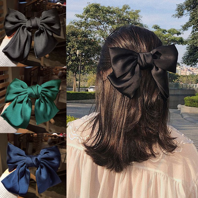 Kẹp Tóc Đính Nơ Vải Satin Màu Trơn Phong Cách Lolita Nhật Bản