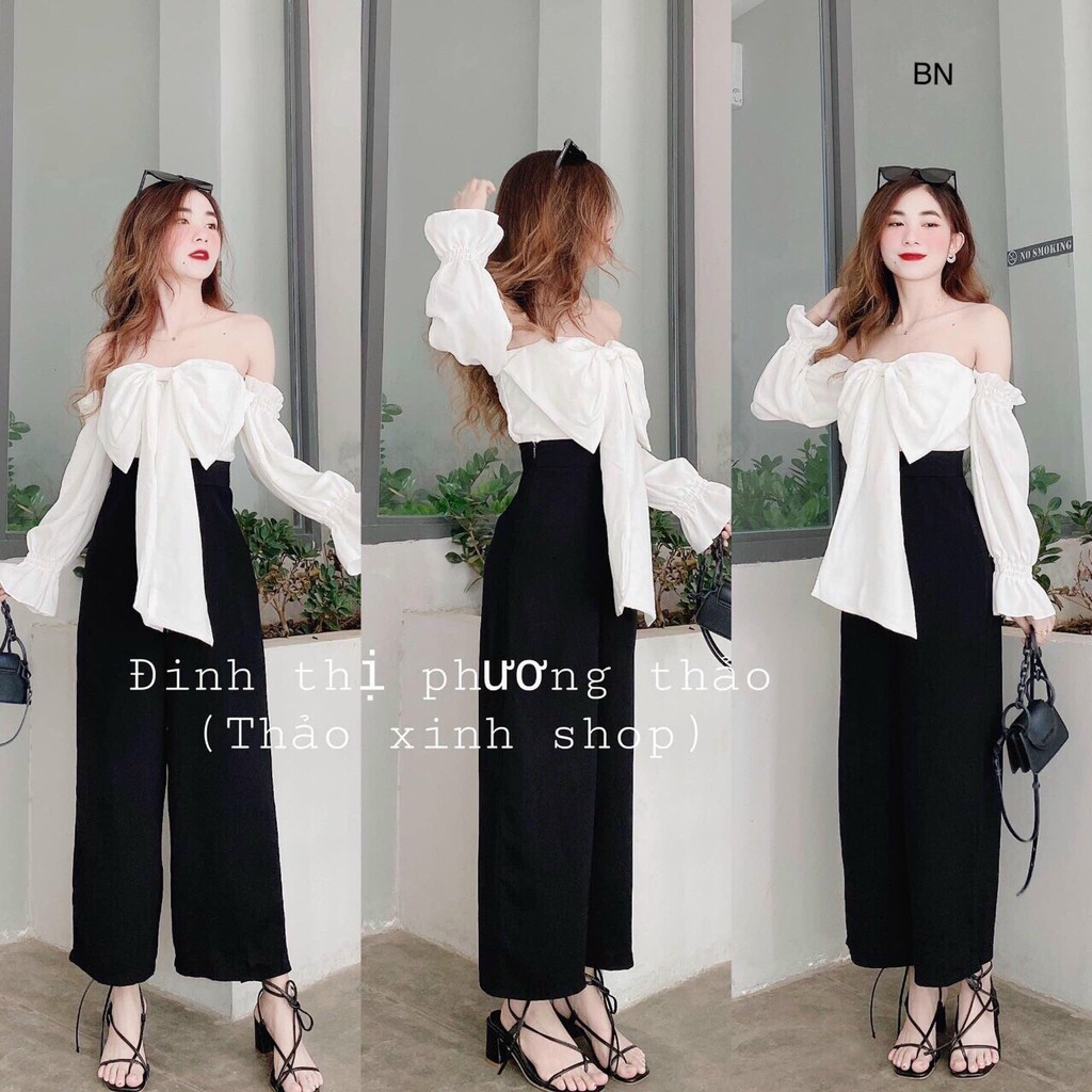 Set áo trễ vai nữ tính kết hợp quần ống suông set đồ nữ trẻ trung nữ tính