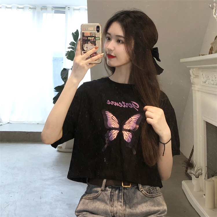 Áo thun croptop nữ form rộng tay ngắn ulzzang in hình Bướm trẻ trung phong cách Hàn Quốc C15 - MaoMao