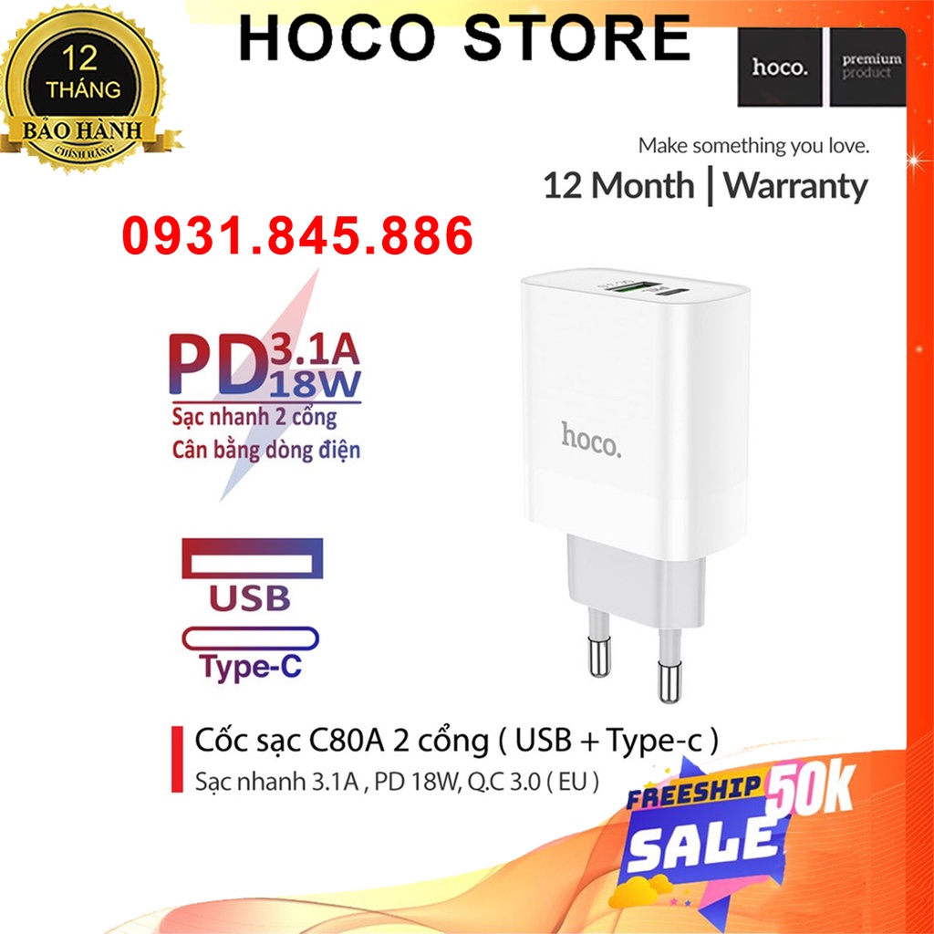 ⚡Mới⚡Củ sạc IP13 12 promax Hoco C80A/C80 2 cổng (USB+Type- C) 3.1A,PD 18W,Q.C 3.0 hỗ trợ sạc nhanh cho ĐT