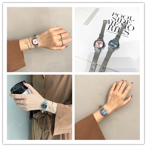 Đồng Hồ Analog Máy Quartz Mặt Vuông Dây Thép Tinh Tế Phong Cách Retro Hàn Quốc Cho Nữ